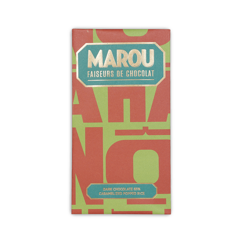 Marou Maison Popped Rice 65% dark chocolate bar in red green foil