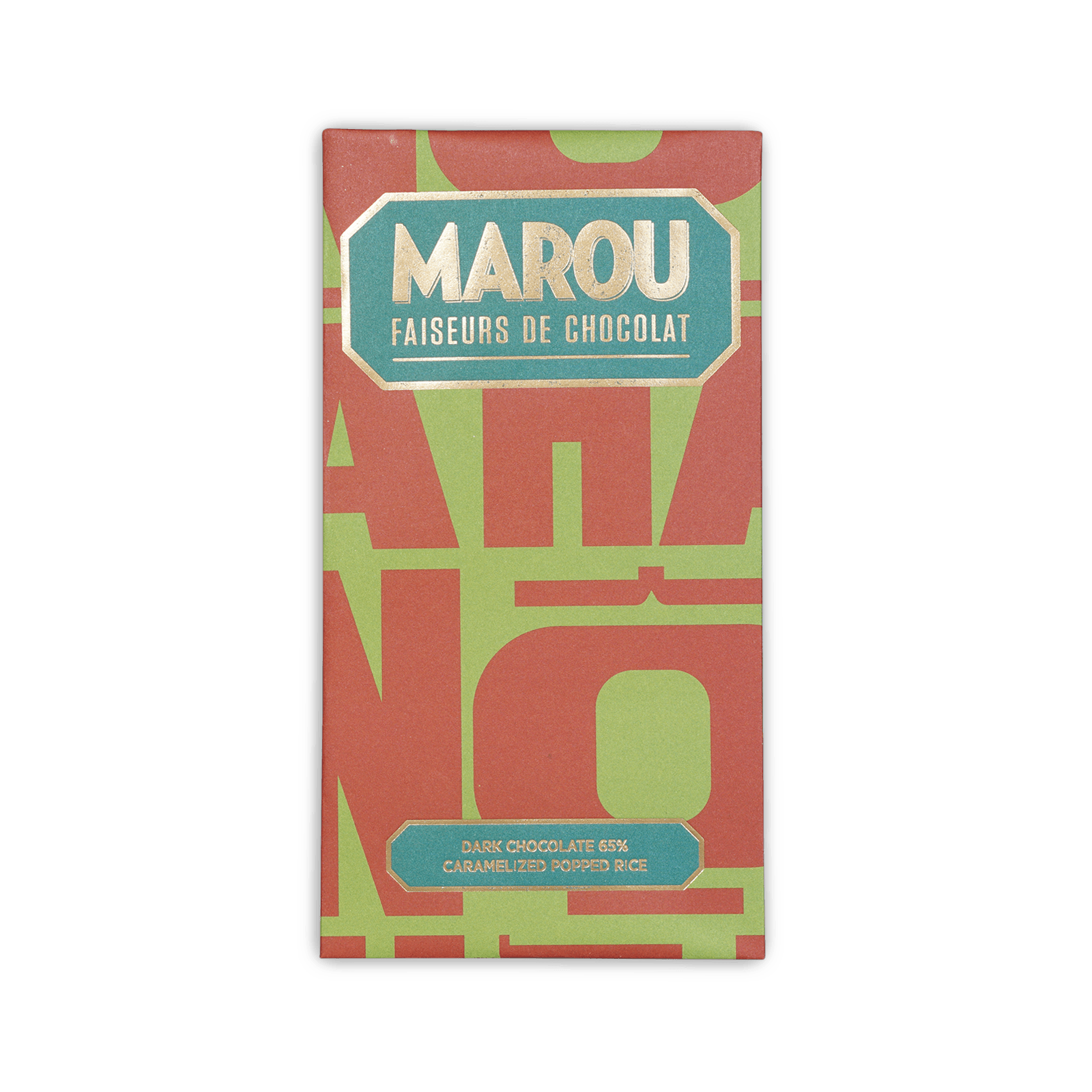 Marou Maison Popped Rice 65% dark chocolate bar in red green foil