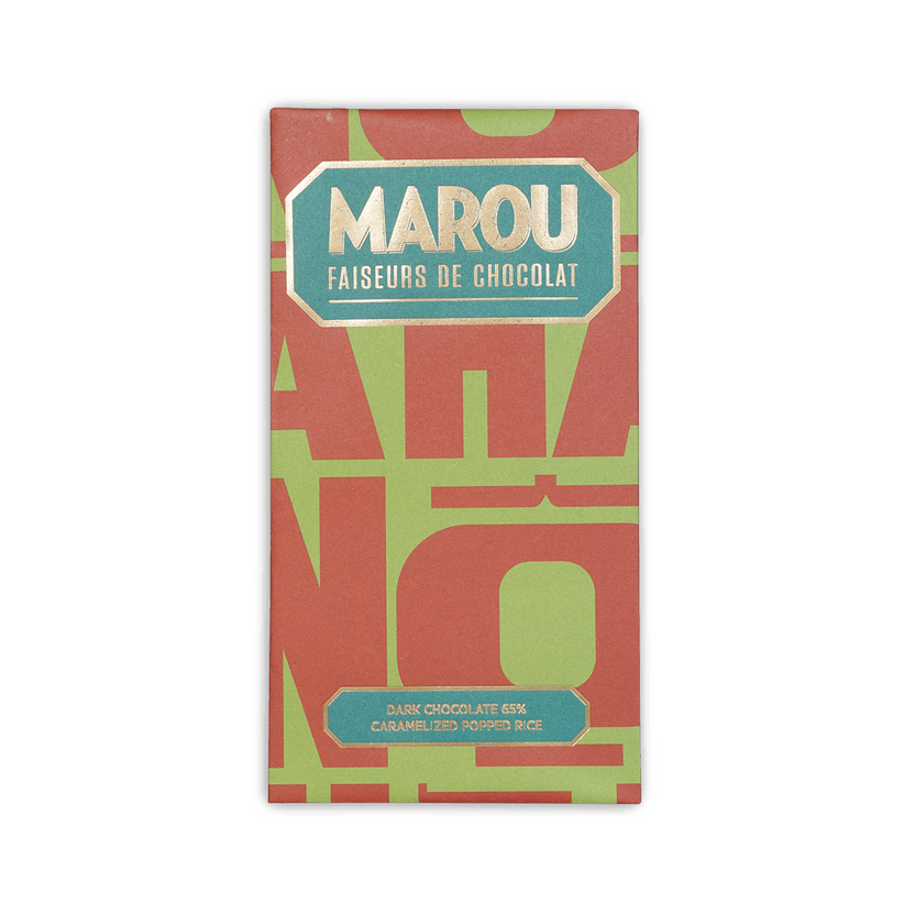 Marou Maison Popped Rice 65% dark chocolate bar in red green foil
