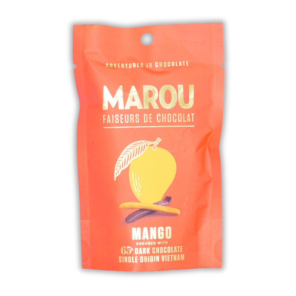 Orange pouch of Marou mango enrobed with dark chocolate on a black background.