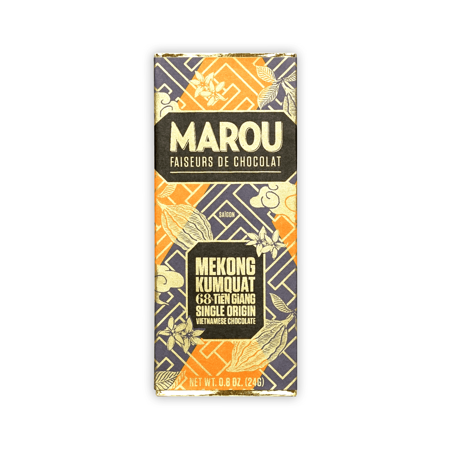 Marou Mini Bars Kumquat 68% chocolate in orange navy wrapper