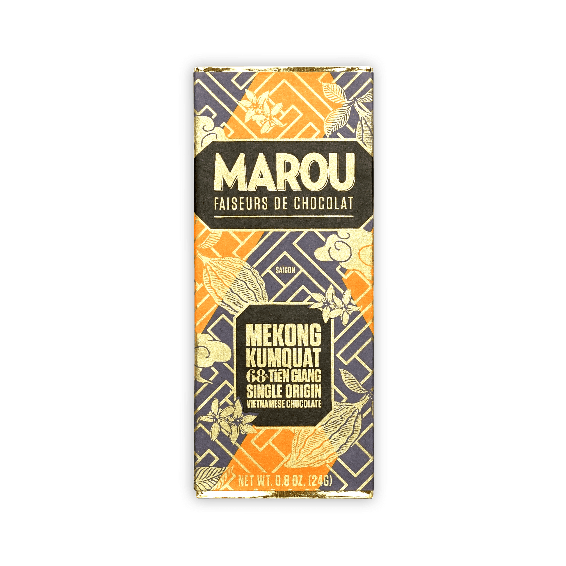 Marou Mini Bars Kumquat 68% chocolate in orange navy wrapper