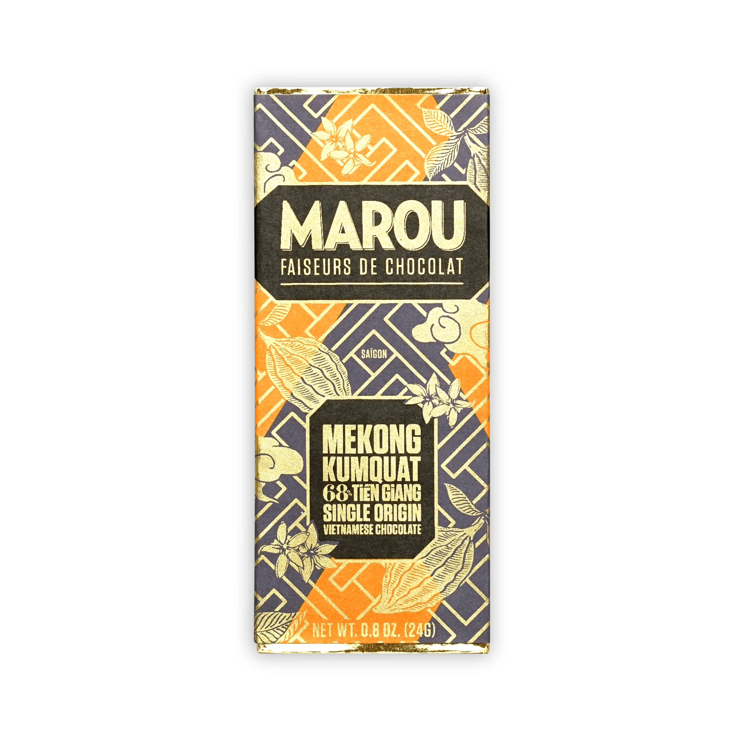 Marou Mini Bars Kumquat 68% chocolate in orange navy wrapper