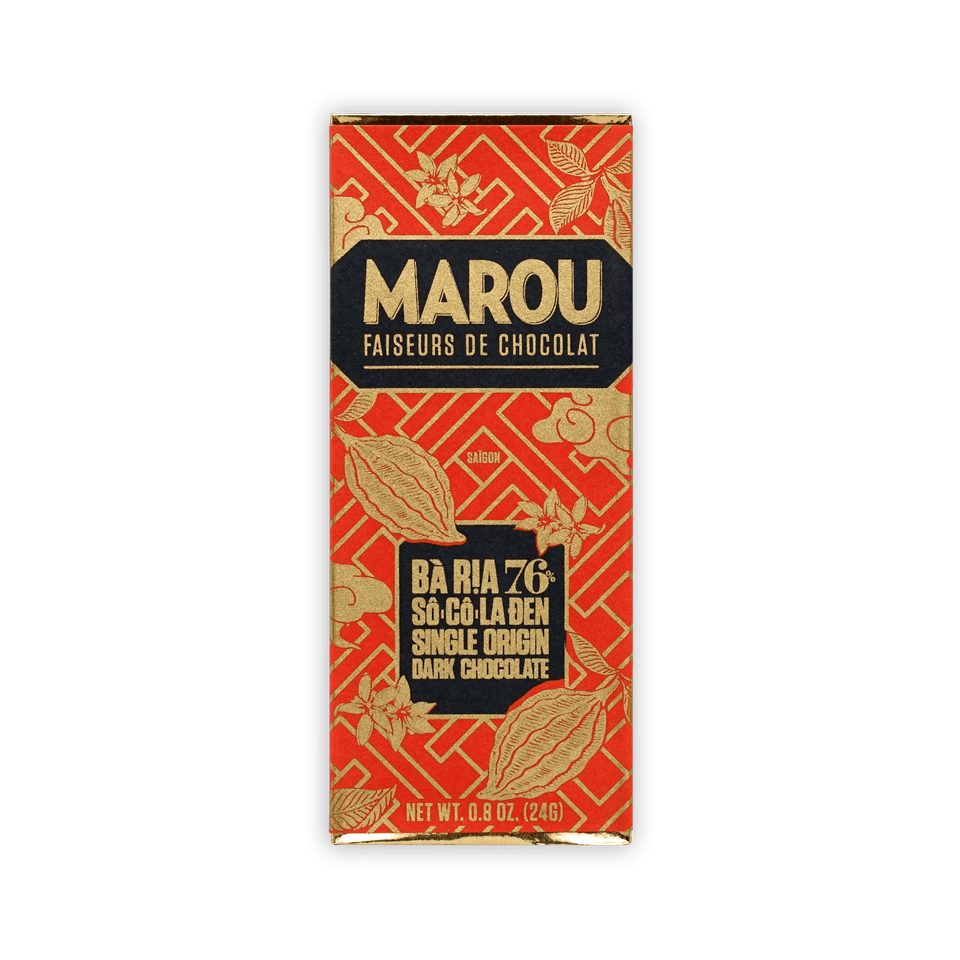 Marou Mini Bars Ba Ria 76% dark chocolate with red gold botanical wrapper