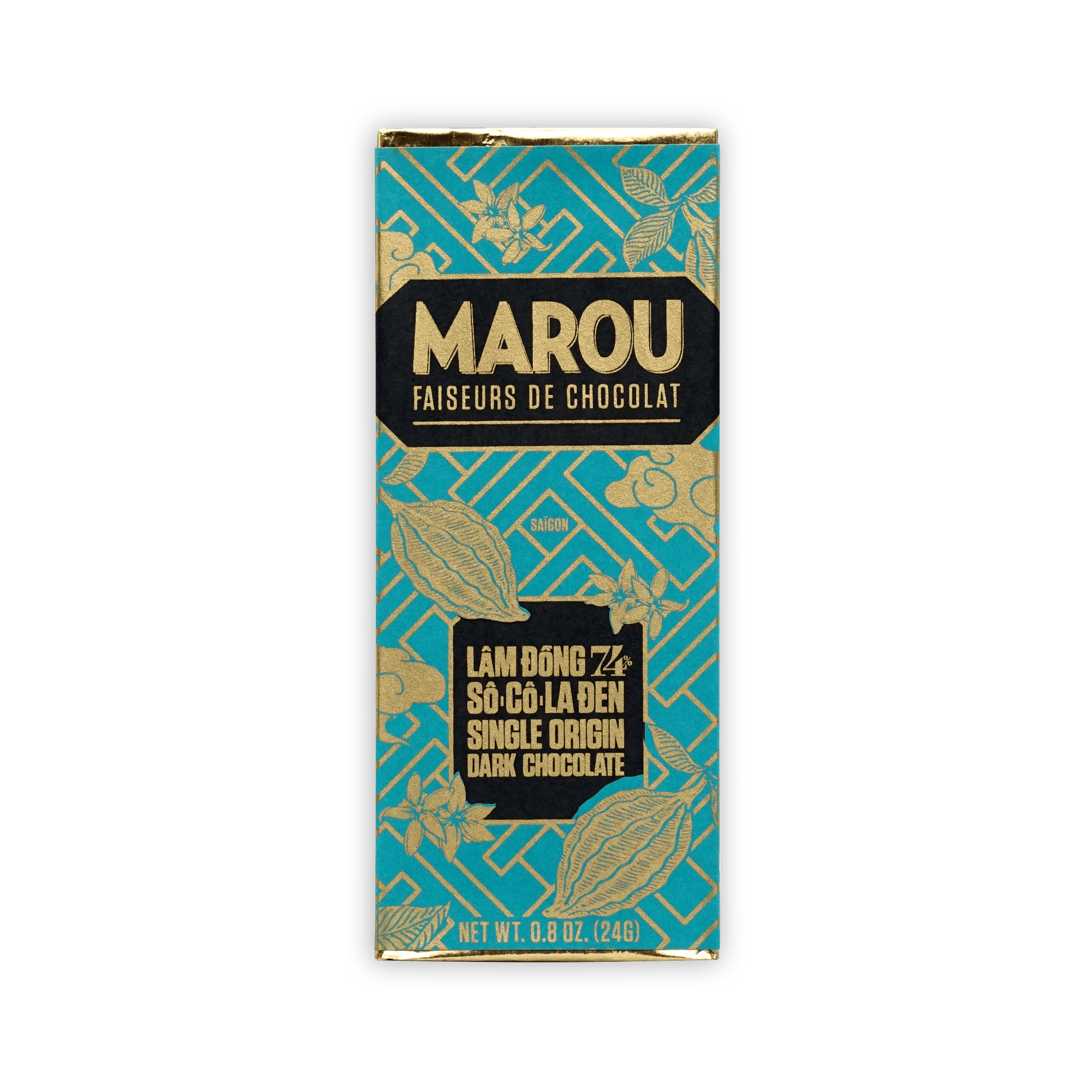Marou Mini Bars Lam Dong 74% teal gold foil dark chocolate bar