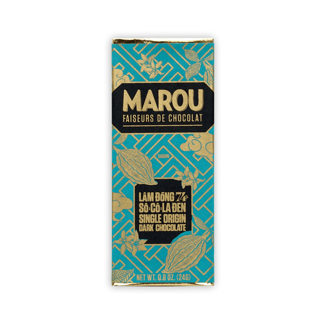 Marou Mini Bars Lam Dong 74% teal gold foil dark chocolate bar