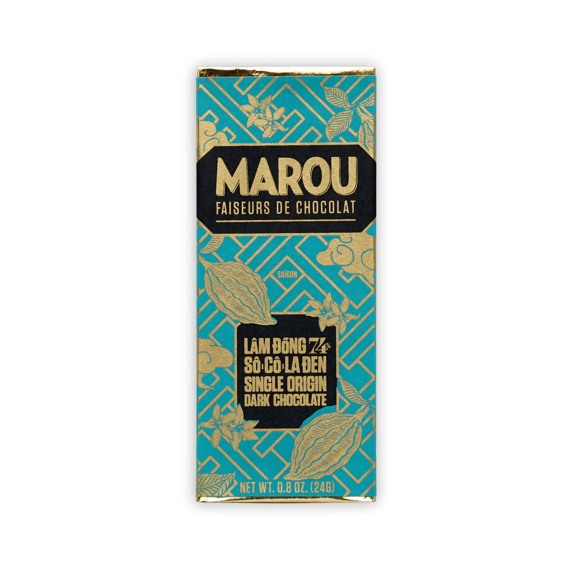 Marou Mini Bars Lam Dong 74% teal gold foil dark chocolate bar