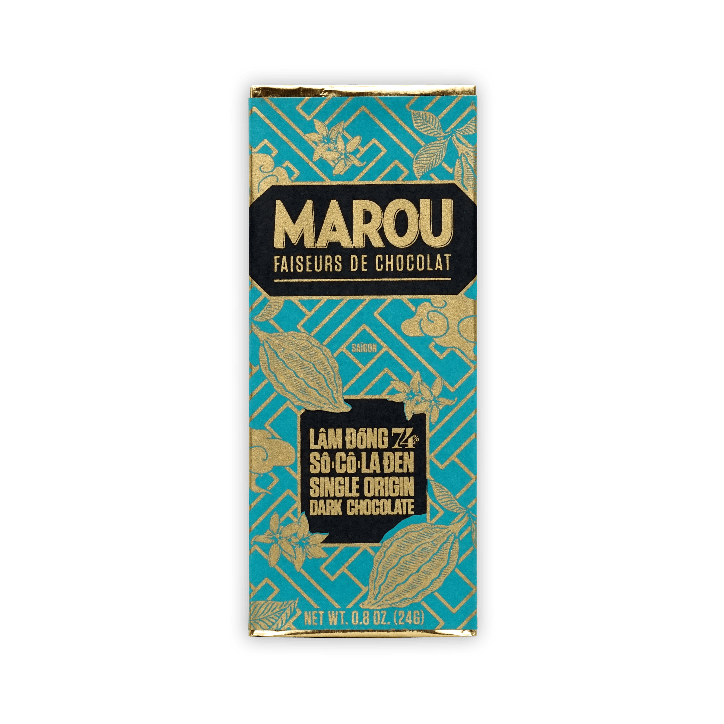 Marou Mini Bars Lam Dong 74% teal gold foil dark chocolate bar
