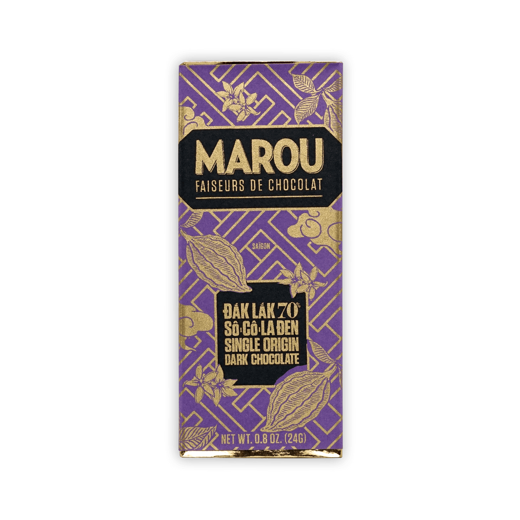 Marou Dak Lak 70% mini dark chocolate bar, purple gold floral pack