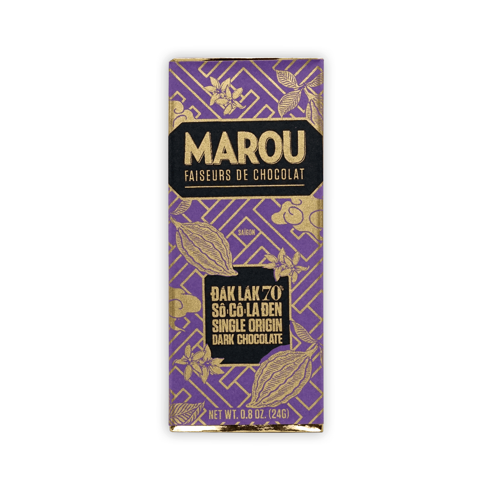 Marou Dak Lak 70% mini dark chocolate bar, purple gold floral pack