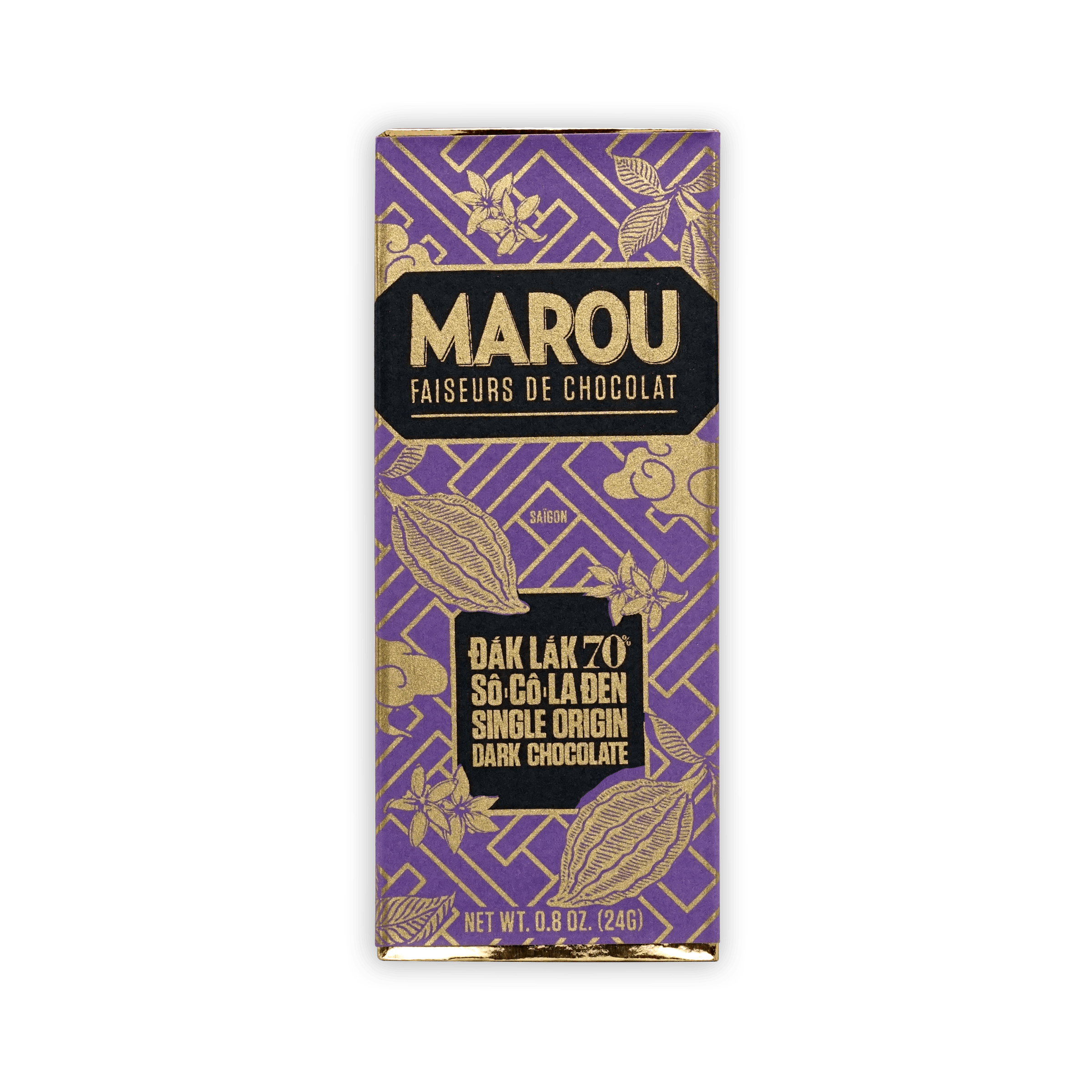 Marou Dak Lak 70% mini dark chocolate bar, purple gold floral pack