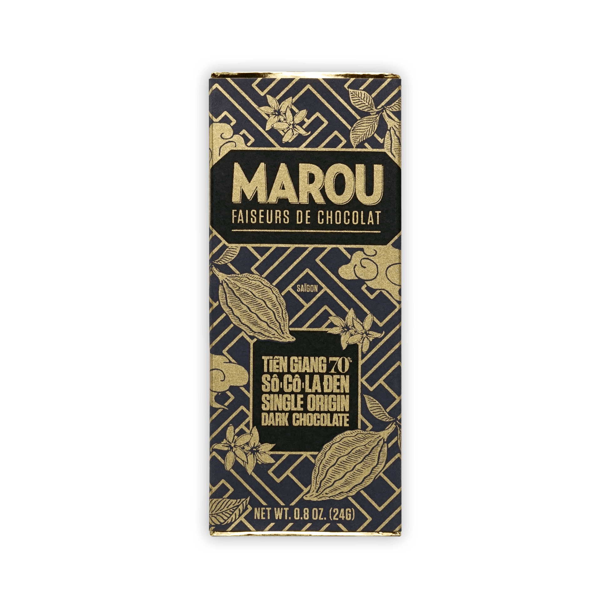 Marou Mini Bars Tien Gang 70% dark chocolate in navy gold foil wrap