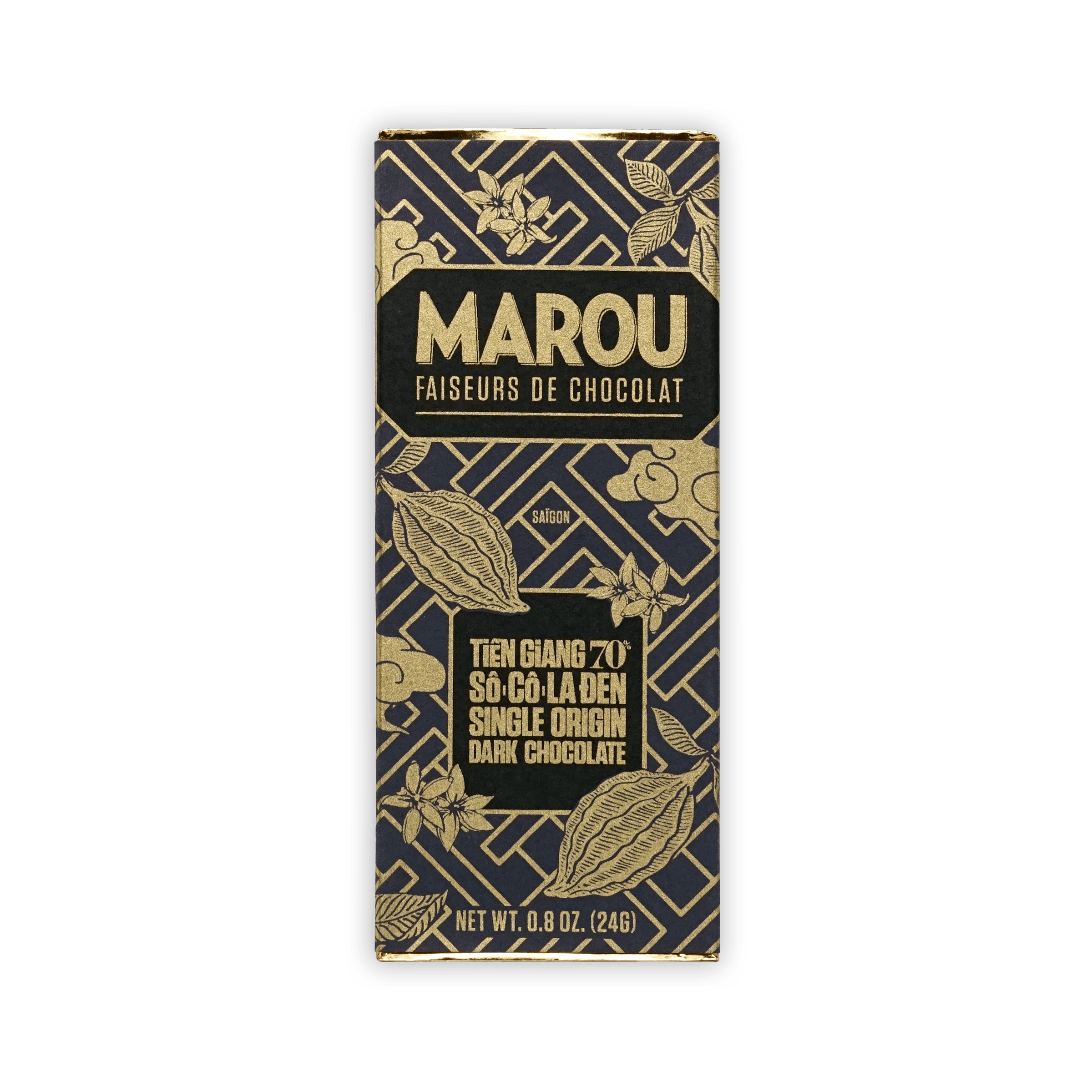 Marou Mini Bars Tien Gang 70% dark chocolate in navy gold foil wrap