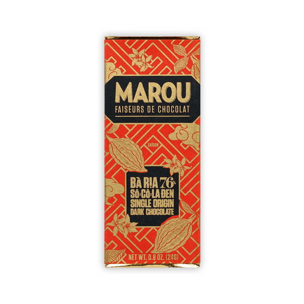 Marou Mini Bars Ba Ria 76% dark chocolate with red gold botanical wrapper