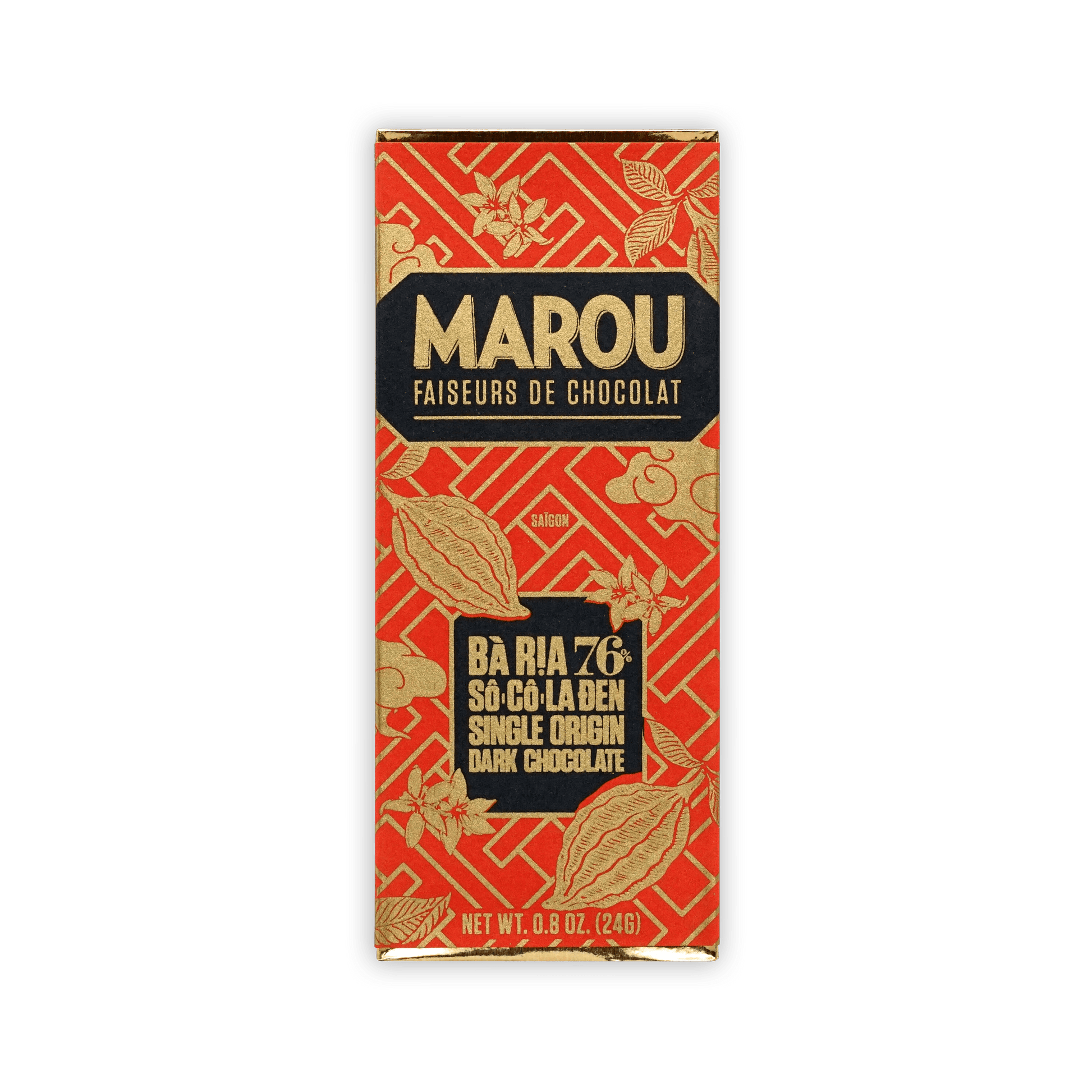 Marou Mini Bars Ba Ria 76% dark chocolate with red gold botanical wrapper