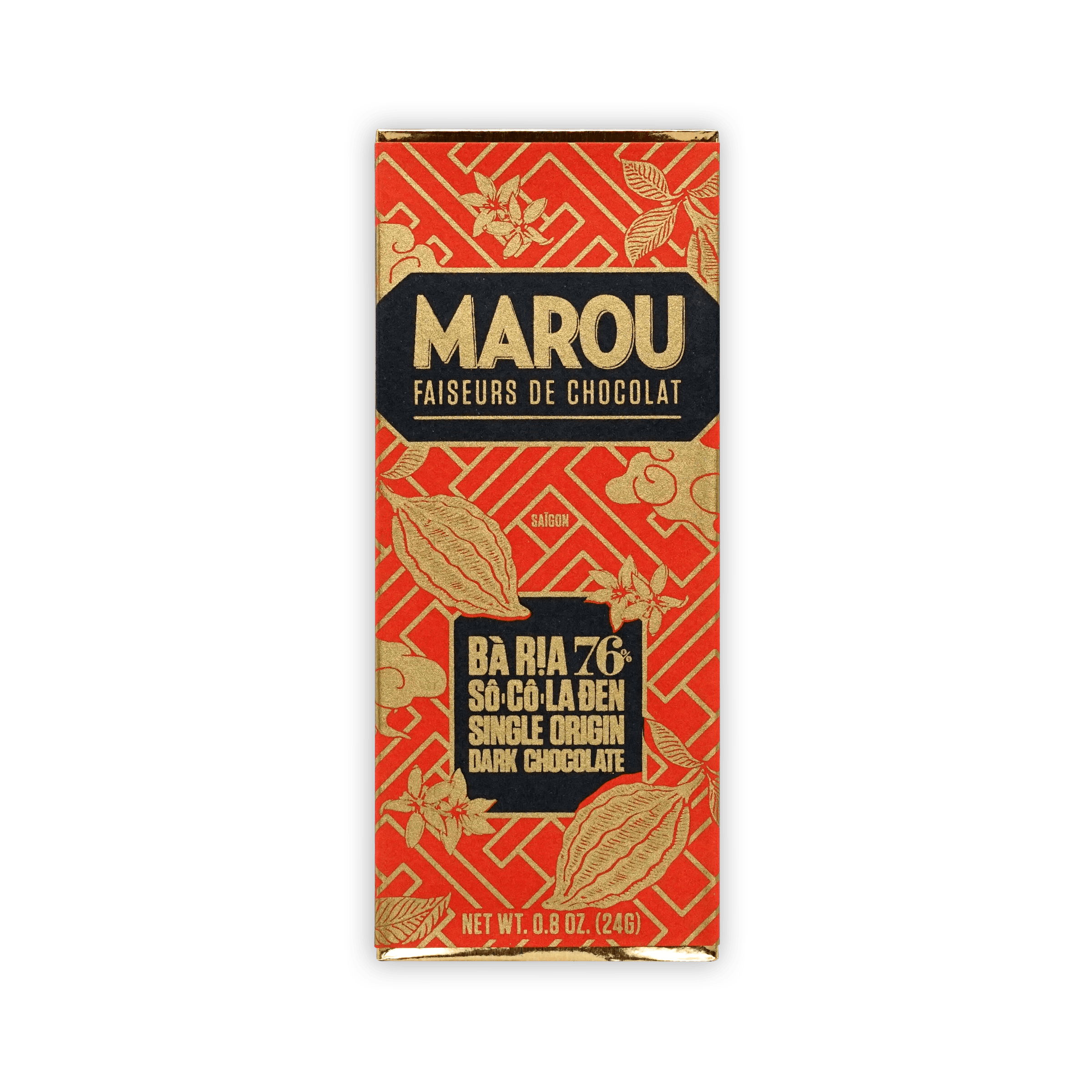 Marou Mini Bars Ba Ria 76% dark chocolate with red gold botanical wrapper