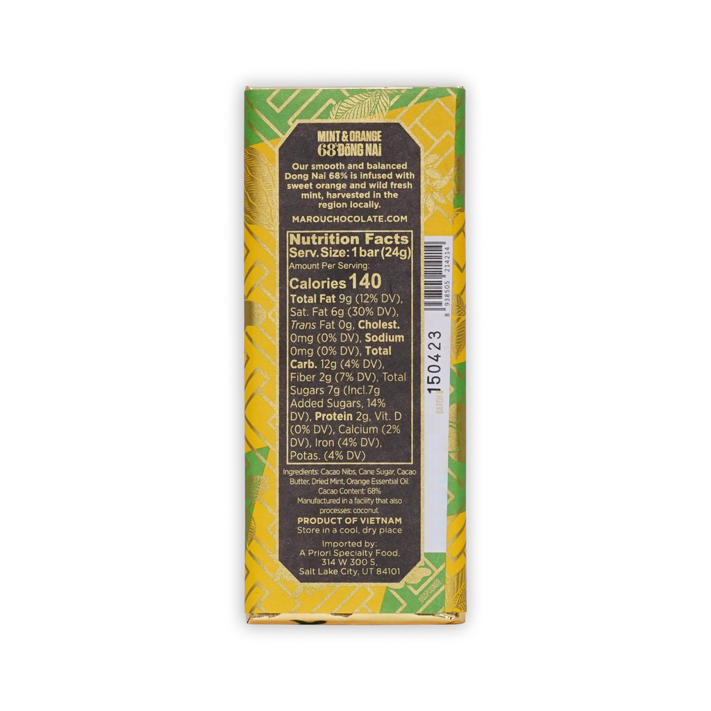 Back of the green and gold Marou Mint and Orange mini bar with description, ingredients, and nutrition facts.