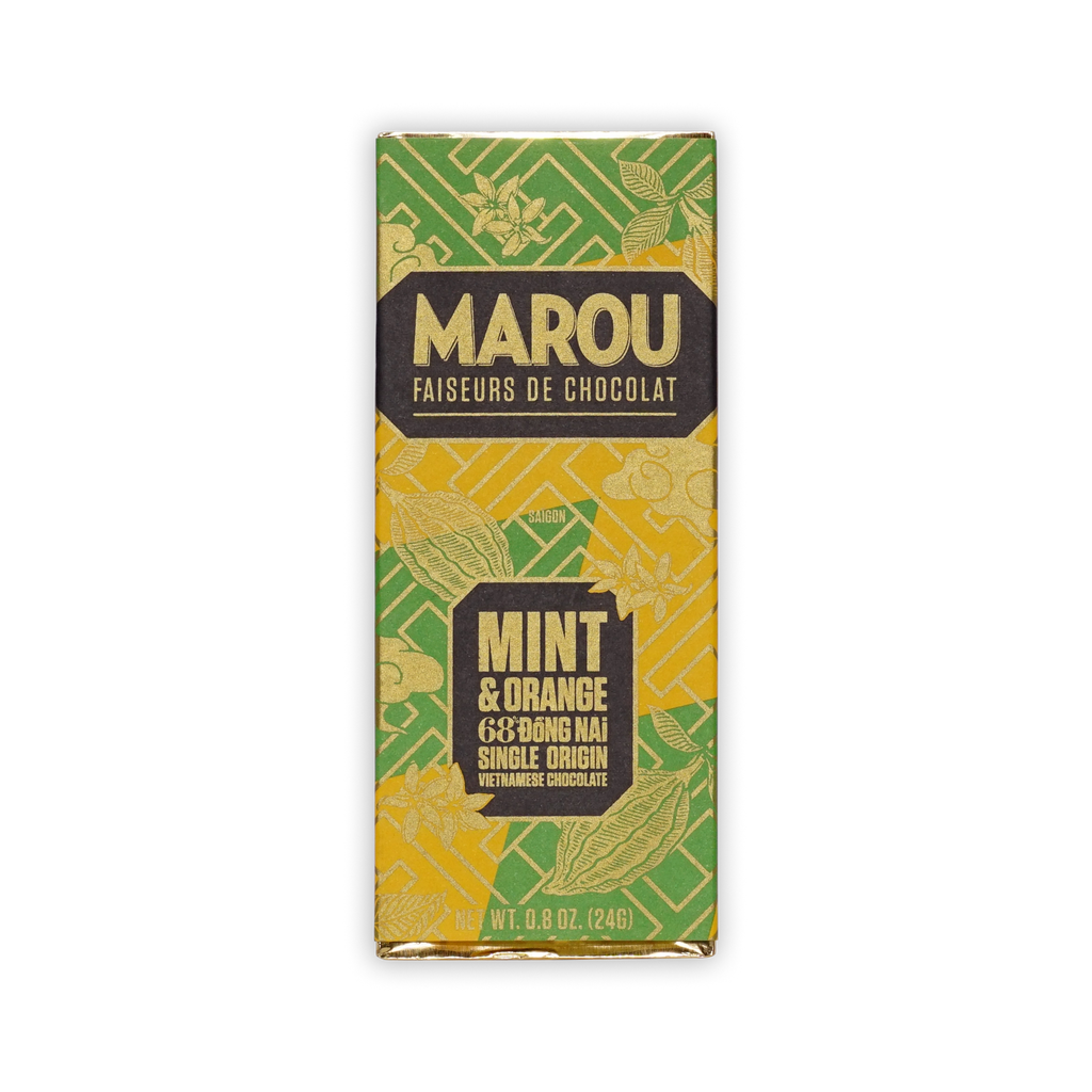 Marou Mint and Orange 68% Dong Nai mini bar in a green and gold wrapper with cacao pod illustrations.