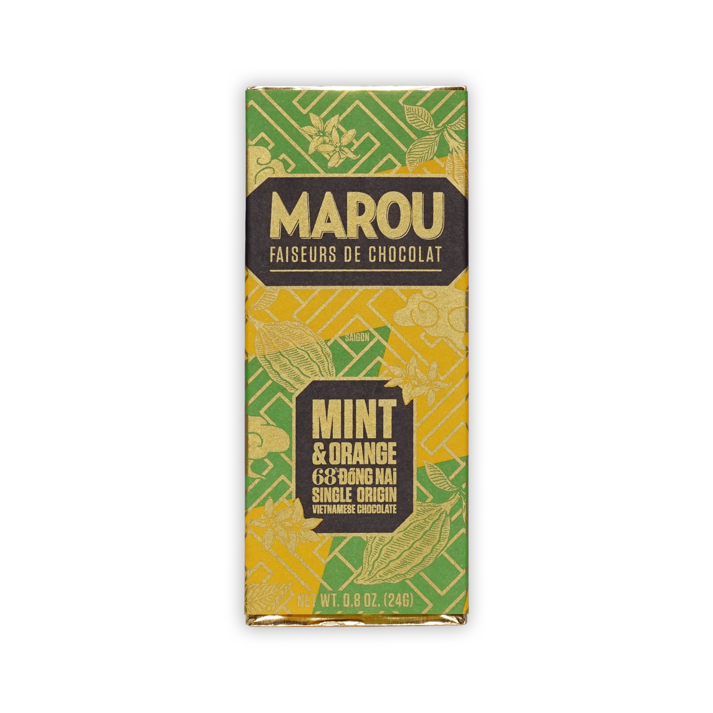 Marou Mint and Orange 68% Dong Nai mini bar in a green and gold wrapper with cacao pod illustrations.