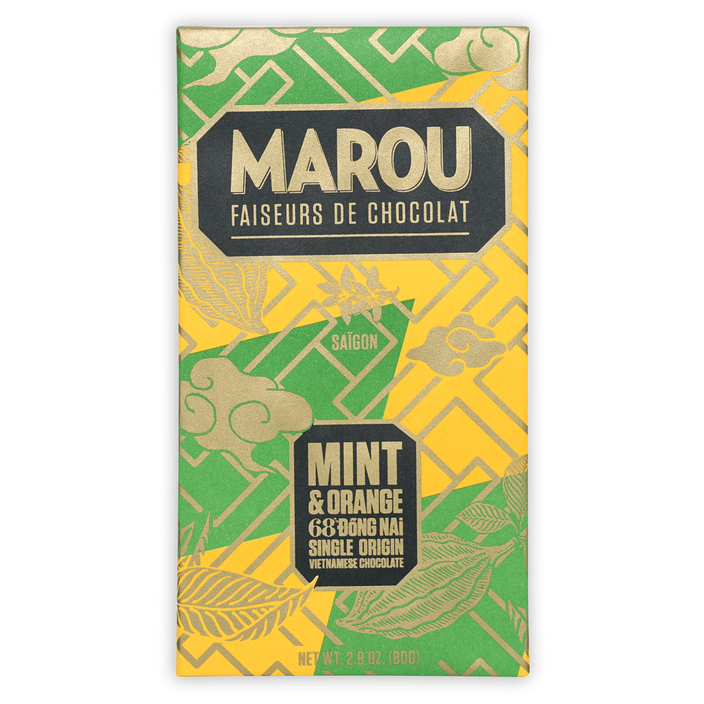 Marou Mint & Orange Dong Nai 68% chocolate bar with green-yellow geometric pattern