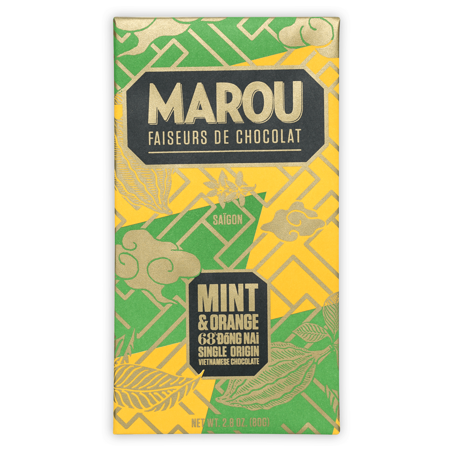 Marou Mint & Orange Dong Nai 68% chocolate bar with green-yellow geometric pattern