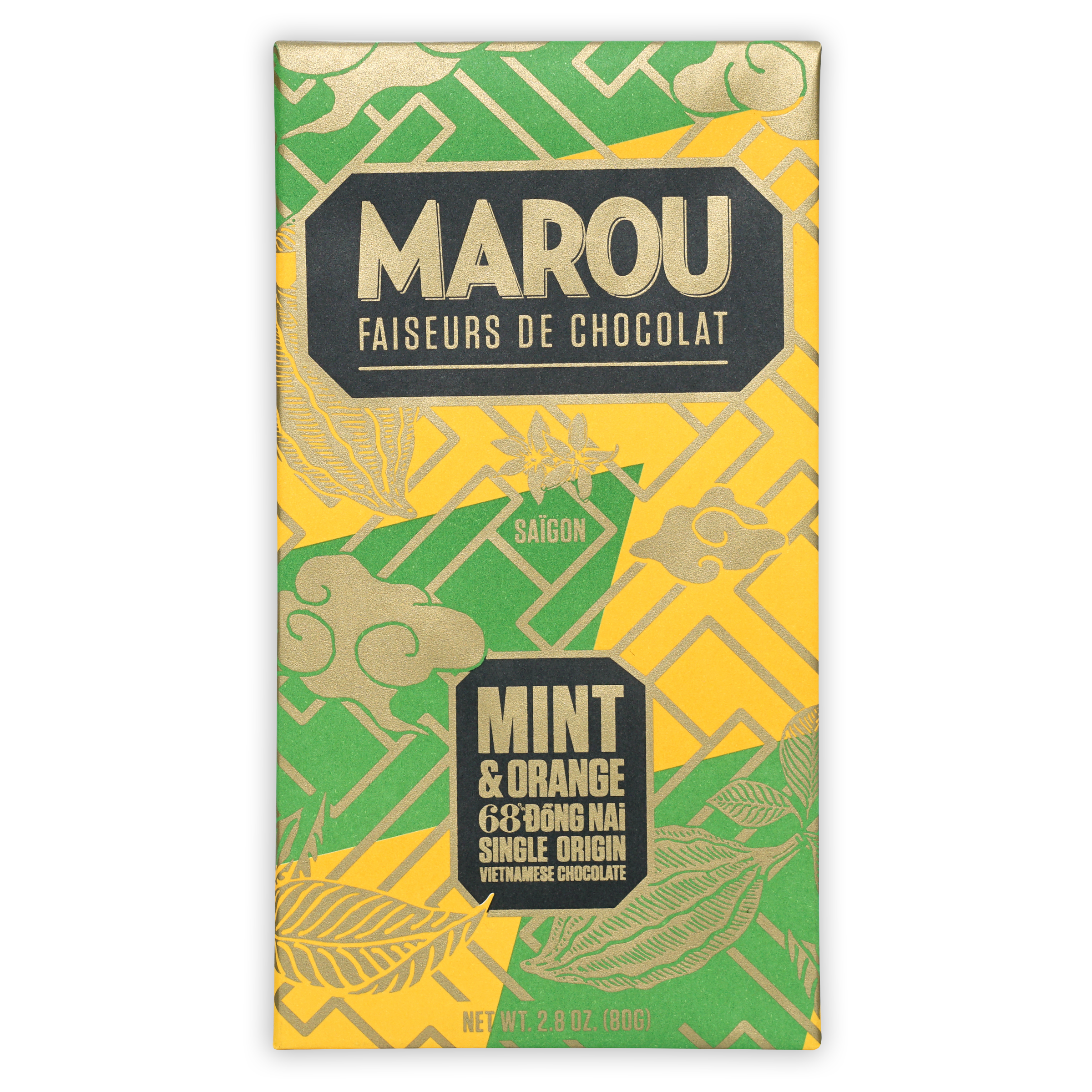 Marou Mint & Orange Dong Nai 68% chocolate bar with green-yellow geometric pattern