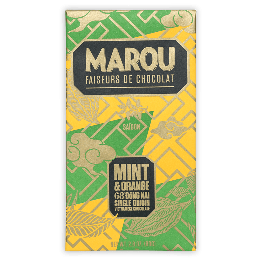 Marou Mint & Orange Dong Nai 68% chocolate bar with green-yellow geometric pattern