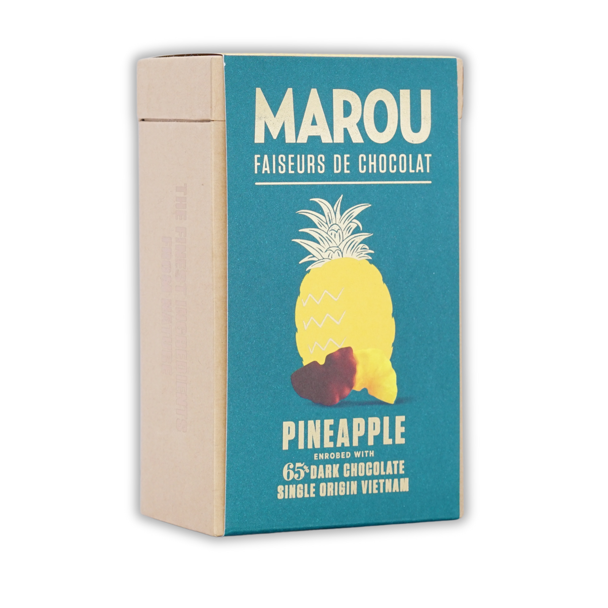 Marou Pineapple dark chocolate box featuring a teal label with a pineapple illustration on a black background.