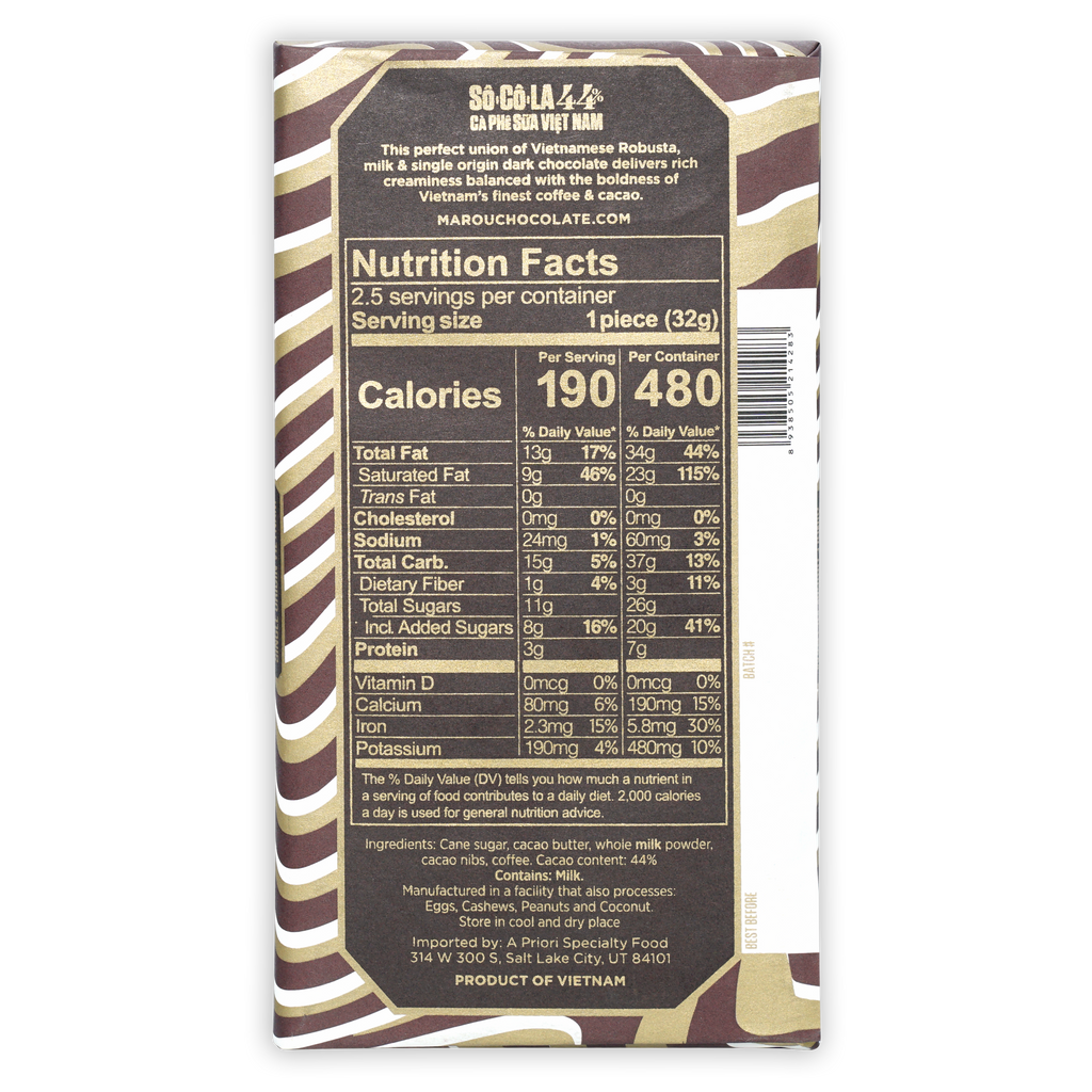 Marou Vietnamese Coffee Milk Chocolate 44% brown gold striped wrapper