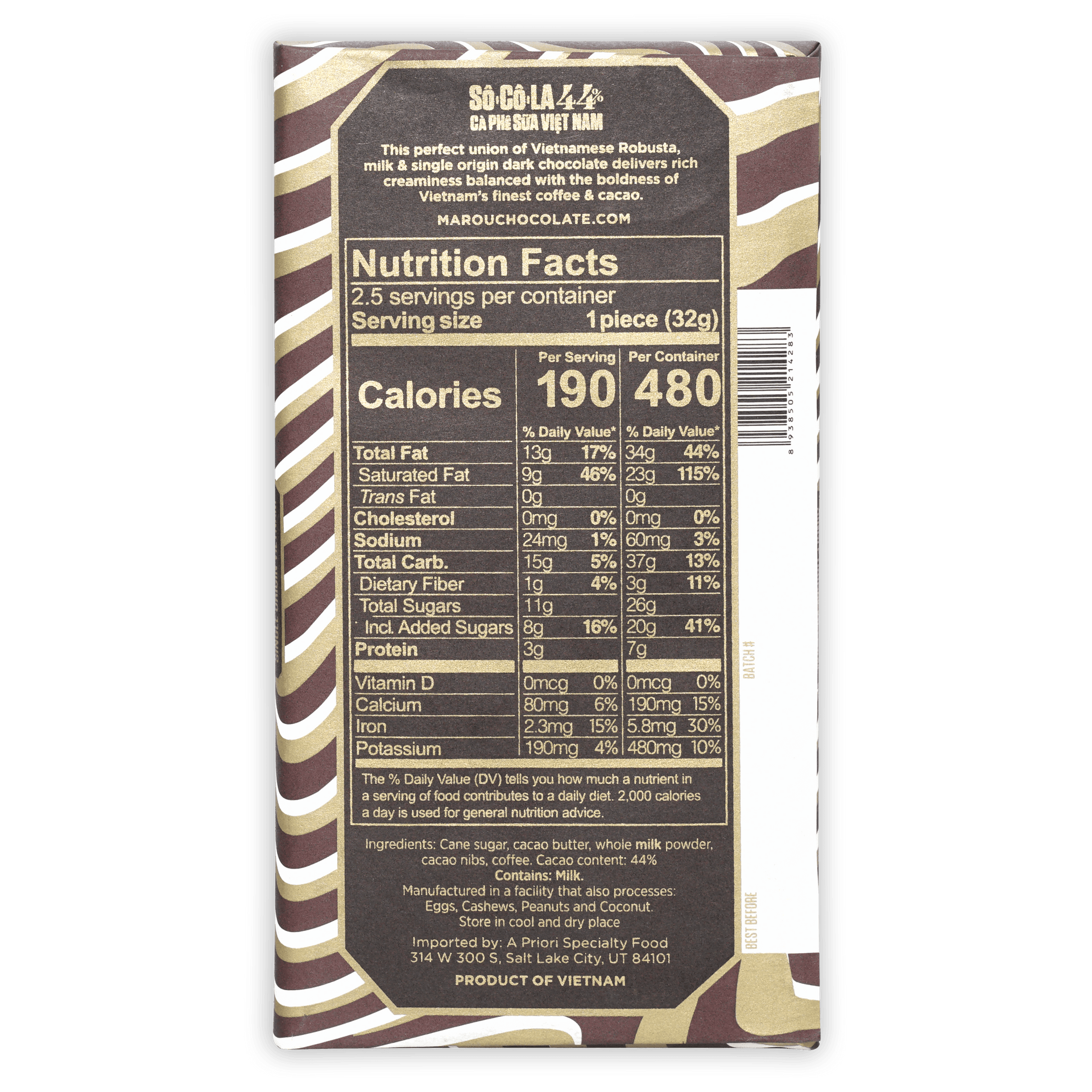 Marou Vietnamese Coffee Milk Chocolate 44% brown gold striped wrapper