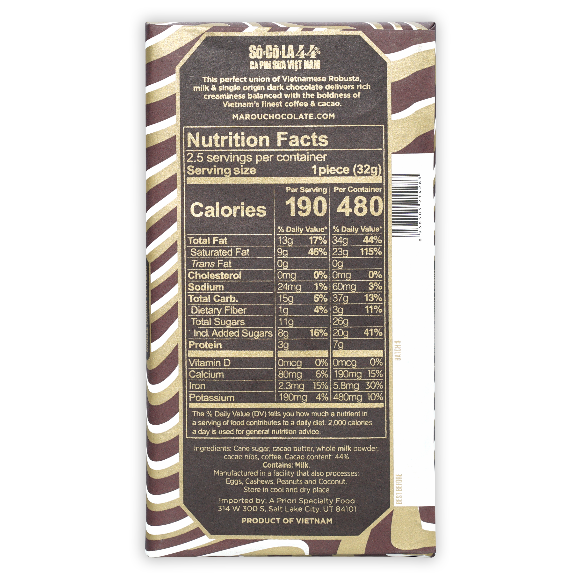 Marou Vietnamese Coffee Milk Chocolate 44% brown gold striped wrapper