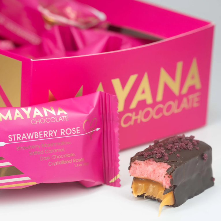 Mayana Chocolate Mini Strawberry Rose Bar with pink wrap