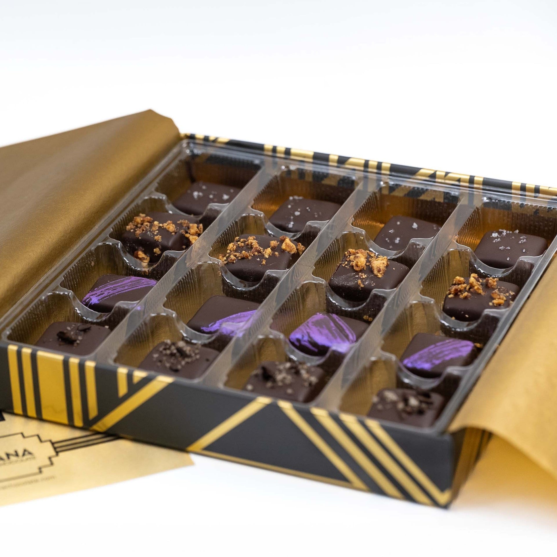 Mayana luxury black and gold caramels gift box with dark chocolates, nuts, drizzle. 16 pcs