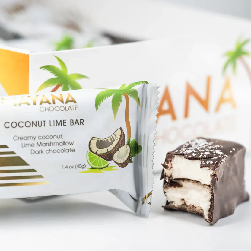 Mayana Chocolate Mini Coconut Lime Bar with white gold wrap