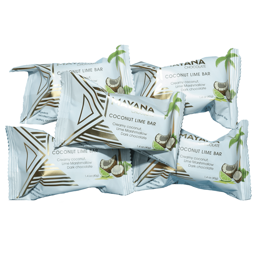Mayana Chocolate Mini Coconut Lime Bar in white gold foil with palm graphics