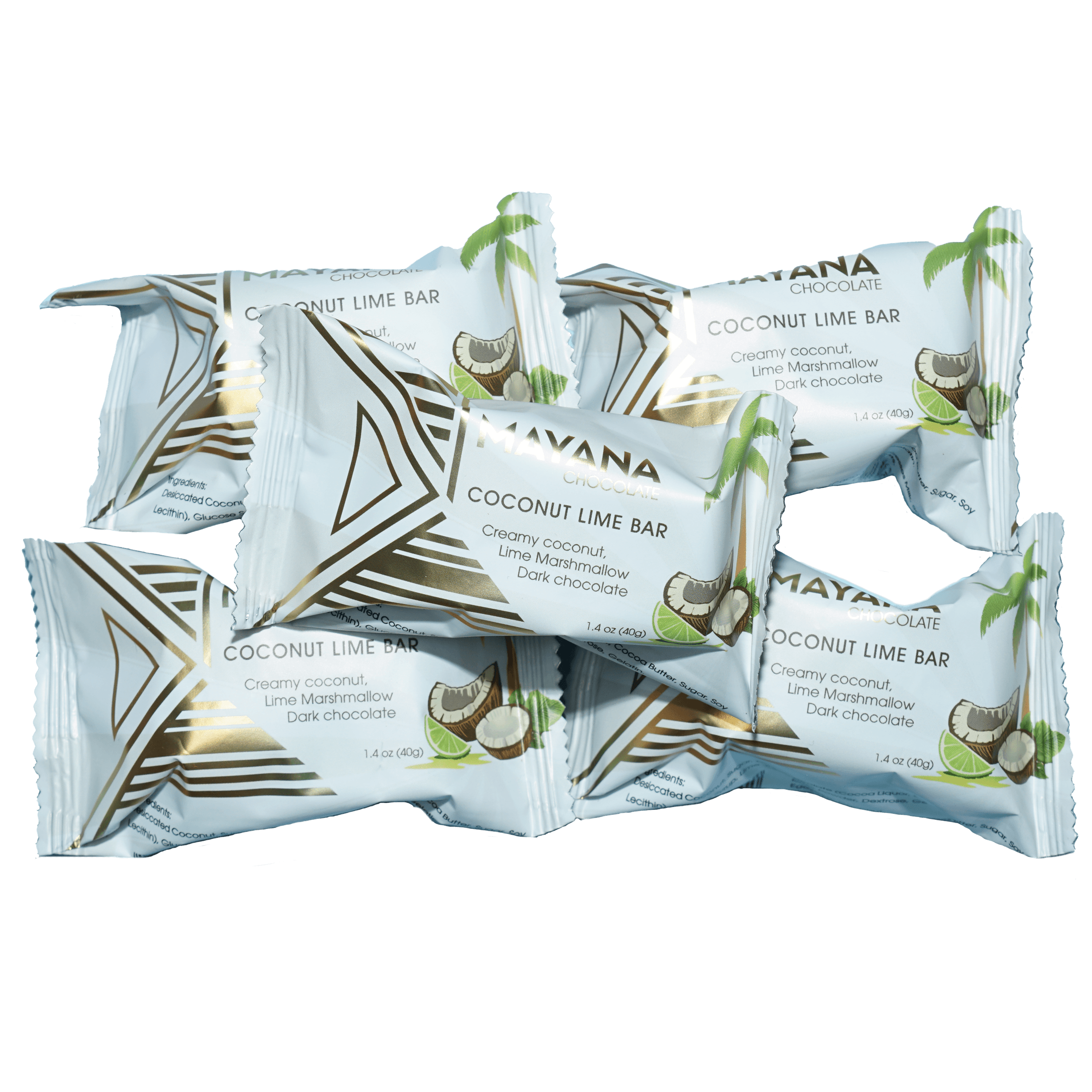 Mayana Chocolate Mini Coconut Lime Bar in white gold foil with palm graphics