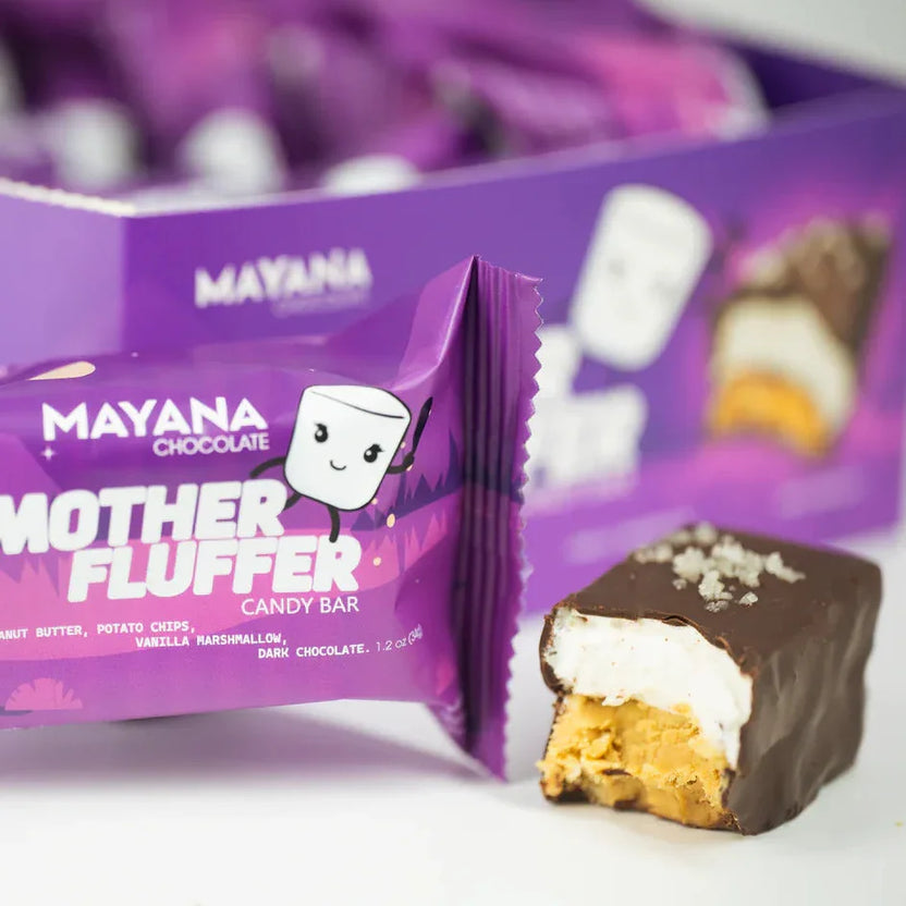 Mayana Chocolate Mini Mother Fluffer Bar with purple wrapper