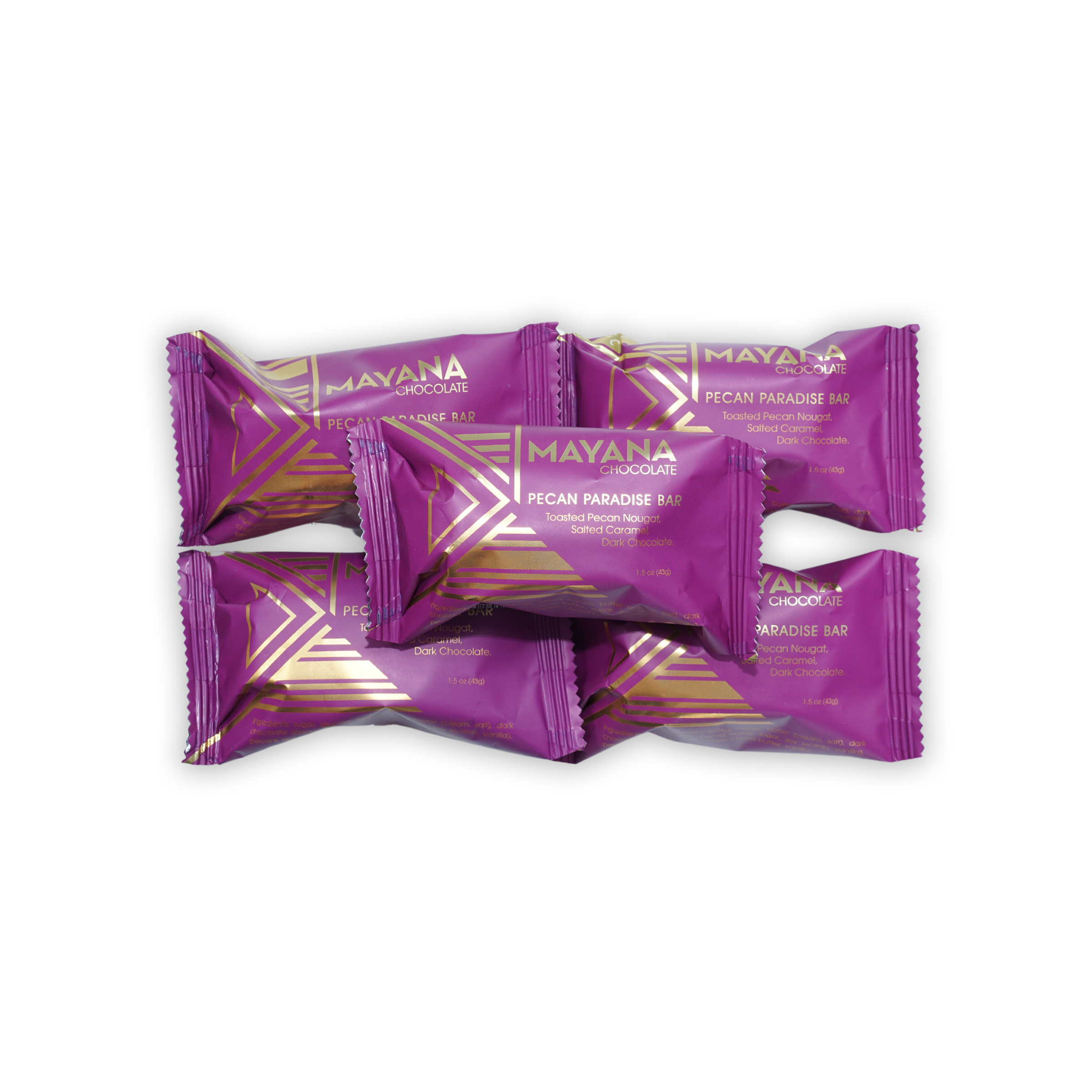 Purple and gold wrapped Mayana Chocolate Mini Pecan Paradise bars