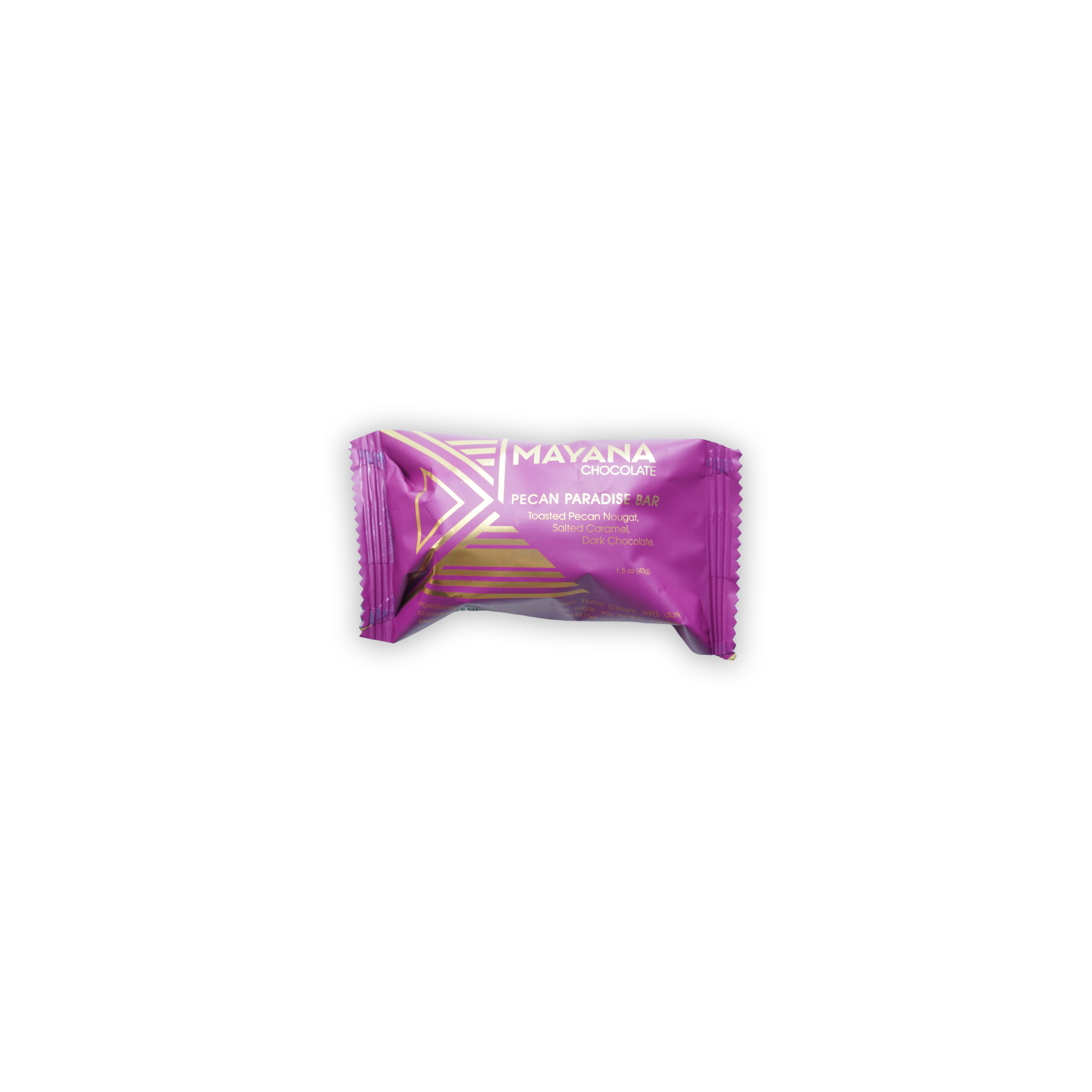 Vibrant purple Mayana Chocolate Mini Pecan Paradise bar with gold accents