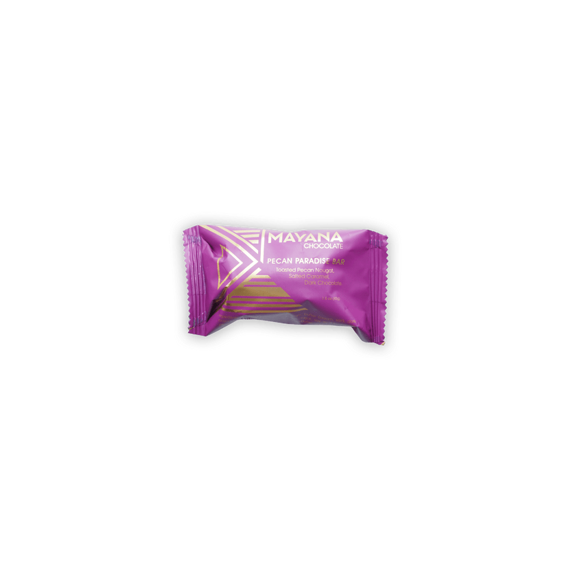 Vibrant purple Mayana Chocolate Mini Pecan Paradise bar with gold accents