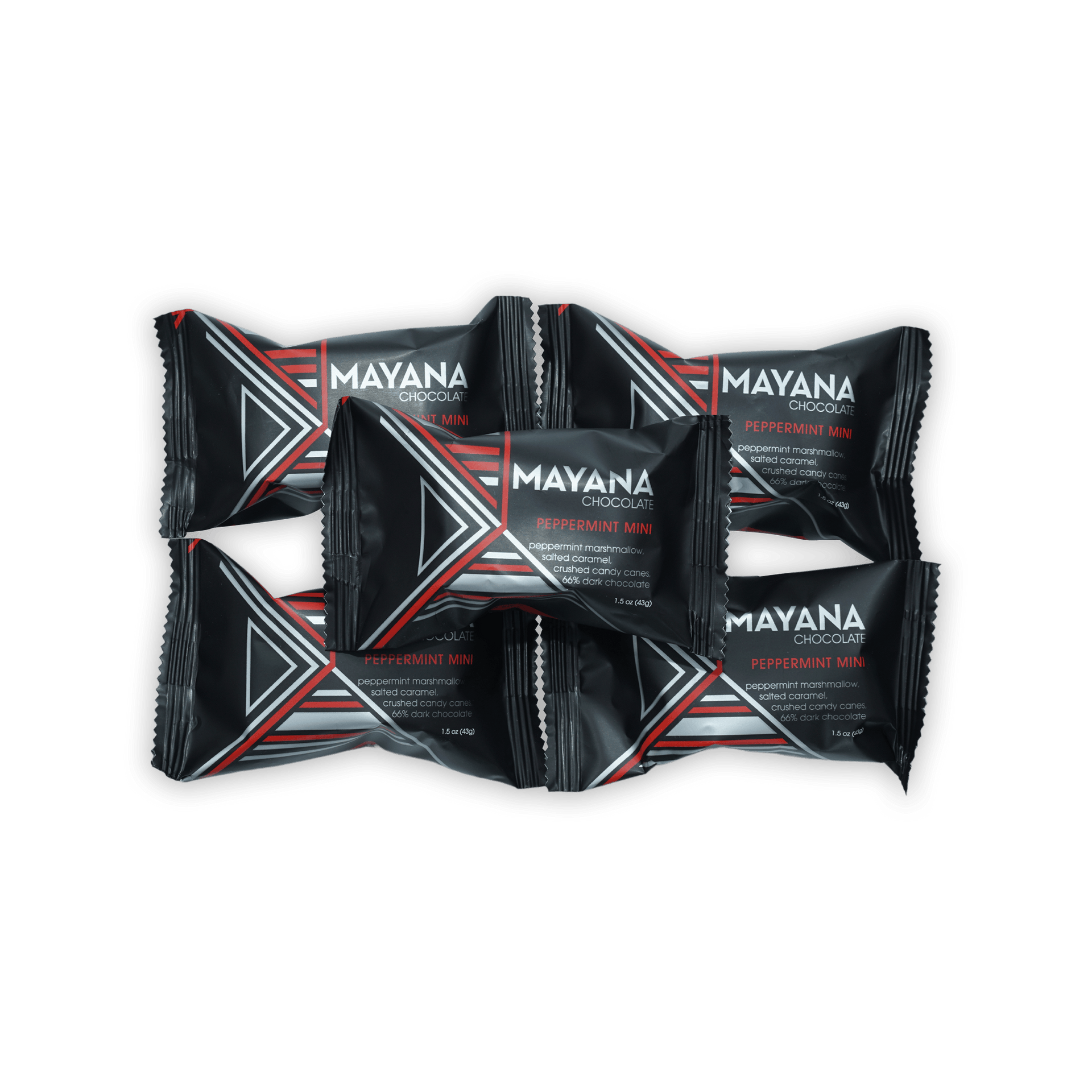 Mayana peppermint mini chocolate bars in black red geometric wrap