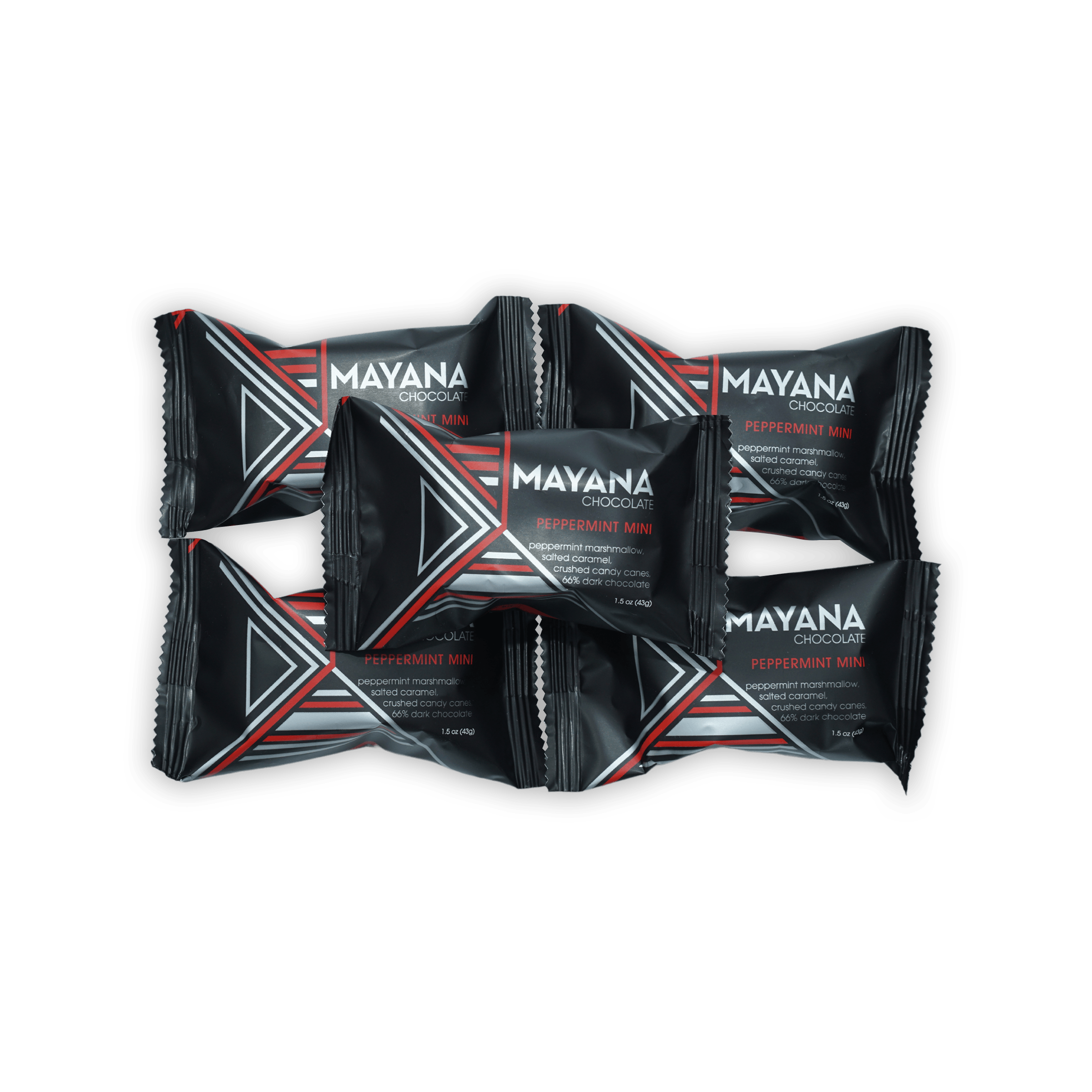 Mayana peppermint mini chocolate bars in black red geometric wrap