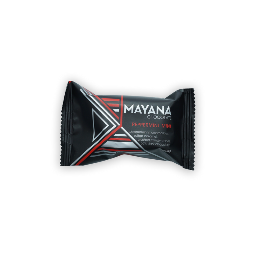 Sleek black and red Mayana Chocolate Peppermint Mini Bar with geometric design