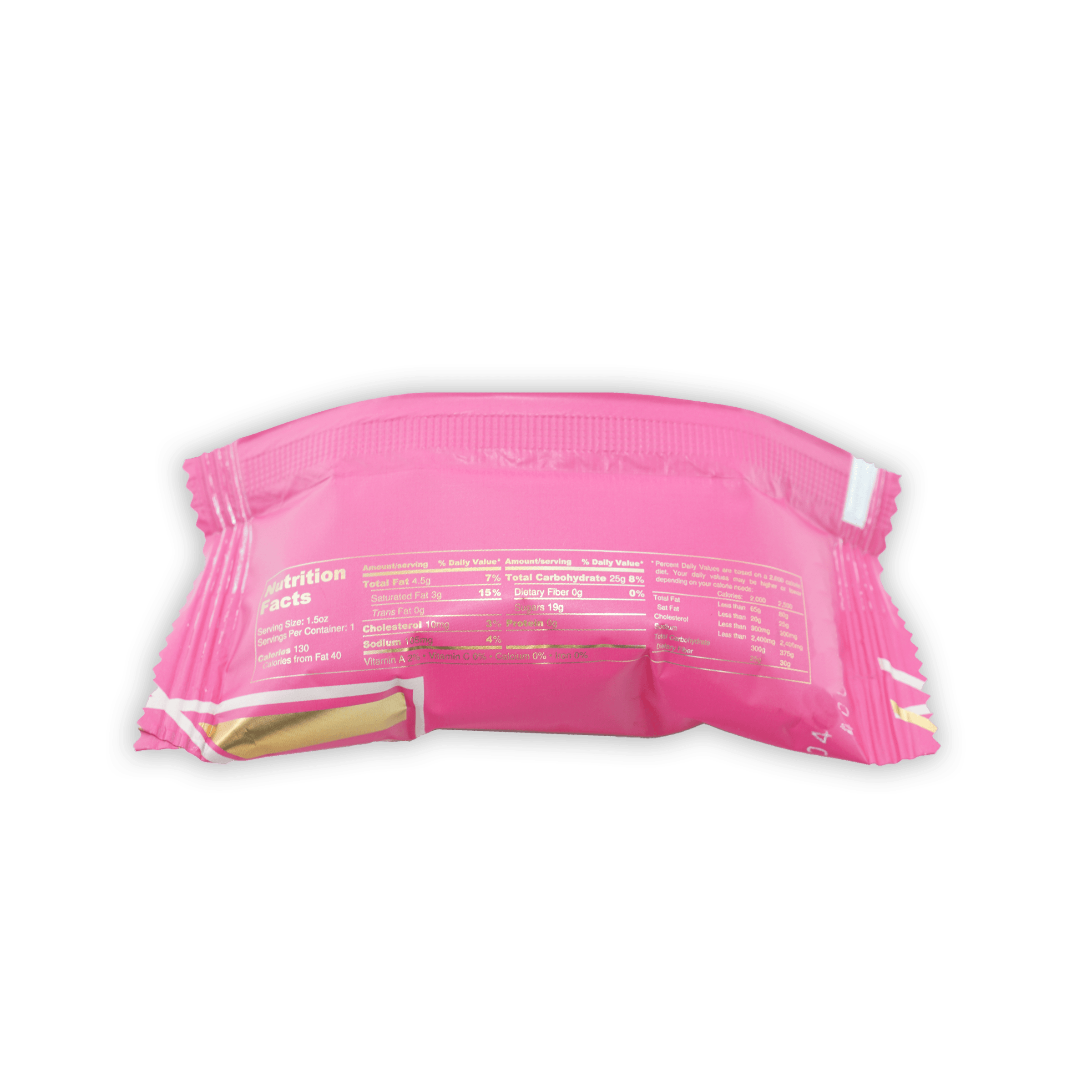 Back of Mayana Chocolate Mini Strawberry Rose Bar with pink glossy wrapper, gold foil accent, and nutrition facts