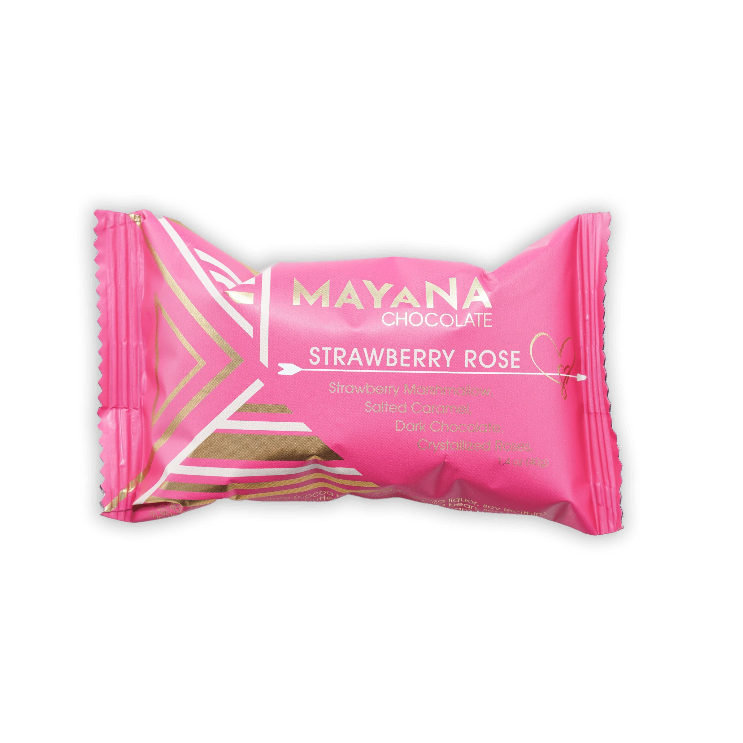 Mayana Chocolate Mini Strawberry Rose Bar in pink foil with gold patterns