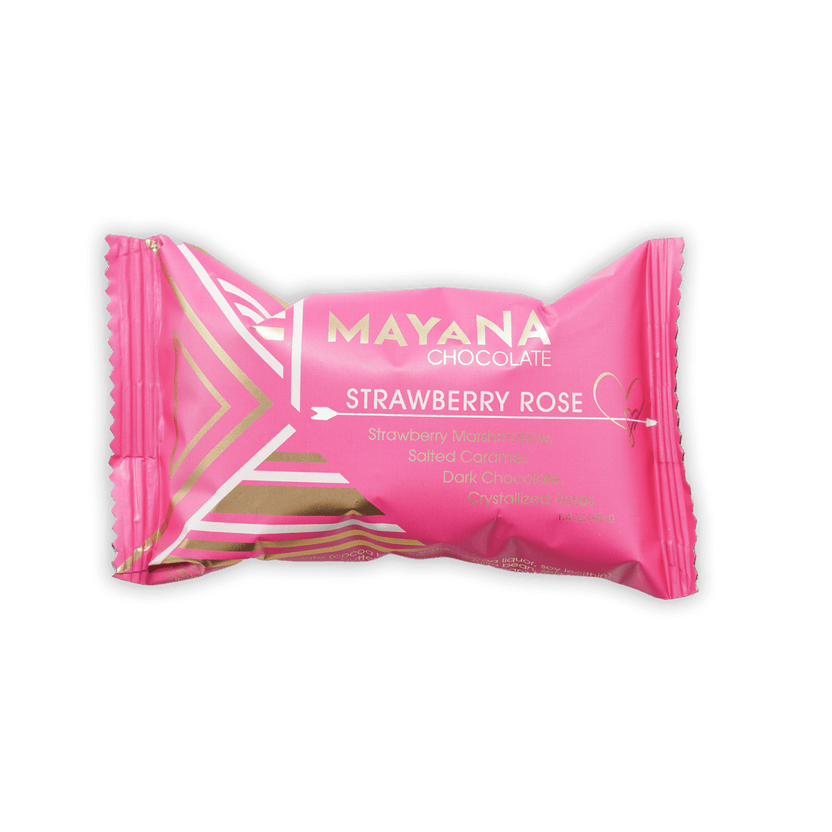 Mayana Chocolate Mini Strawberry Rose Bar in pink foil with gold patterns