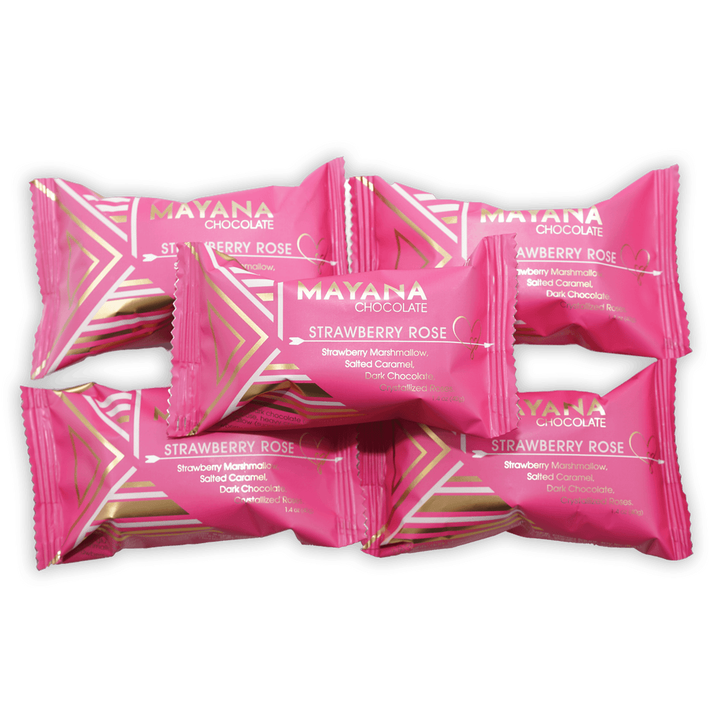 Pink Mayana Chocolate Mini Strawberry Rose Bars in foil with gold patterns