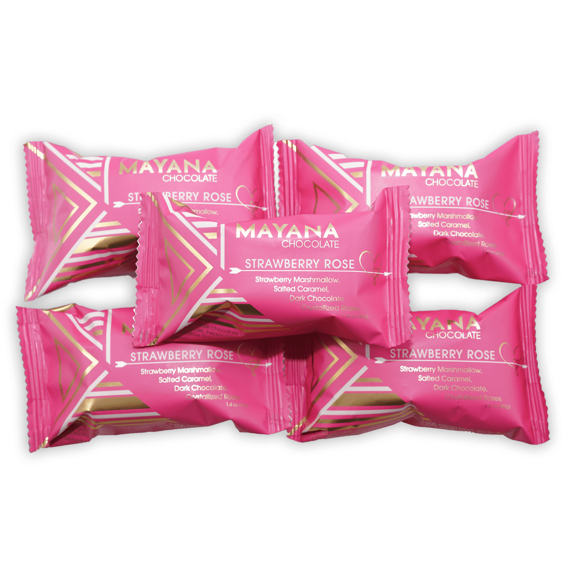 Pink Mayana Chocolate Mini Strawberry Rose Bars in foil with gold patterns