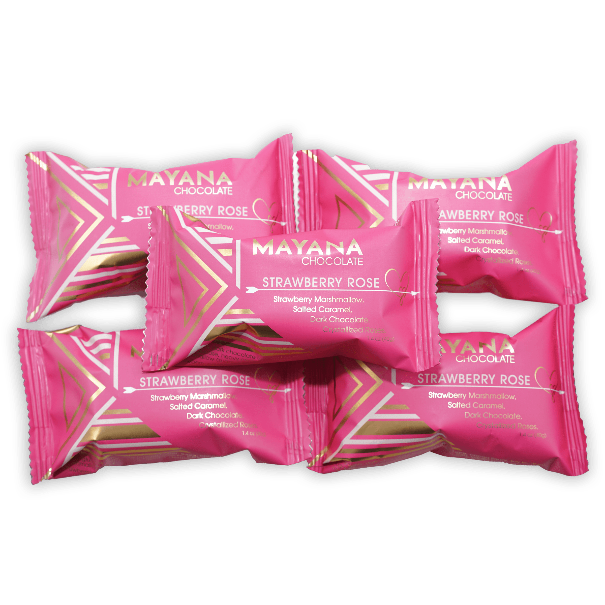 Pink Mayana Chocolate Mini Strawberry Rose Bars in foil with gold patterns