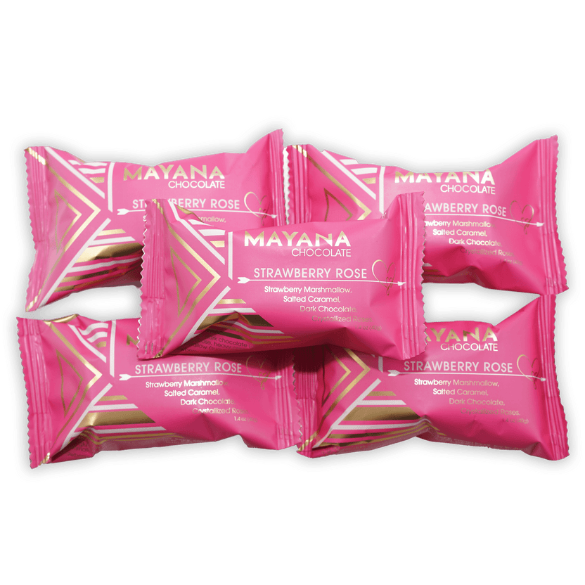 Pink Mayana Chocolate Mini Strawberry Rose Bars in foil with gold patterns